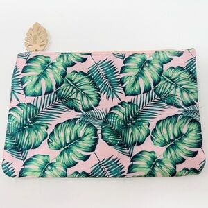 Ipsy Tropical Leaf Print Makeup Bag Pink Green Fabric Zipper Pouch